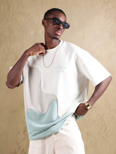 SUMWON تي شيرت أريحي بنمط موجة كبير الحجم، أكمام قصيرة ياقة طاقم صيفي كاجوال ملابس شوارع عصرية ملائم وقيايس مناسب للرياضة واللياقة البدنية