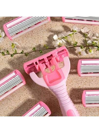 1 مقبض + 12 شفرة / آلة إزالة شعر النساء من الجسم والبكيني ذو شفرة من الفولاذ المقاوم للصدأ طبقات 6، قابلة للاستبدال، ماكينة حلاقة آمنة