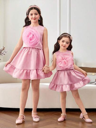 girls-sets طقم ملابس علوية بلا أكمام مزين بالزهور وتنورة ذات خصر مربوط بكشكشة مكونة من قطعتين ، أسلوب أميرة حلو لفتيات المراهقة