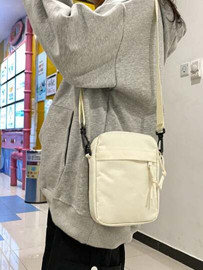 حقيبة كروس بودي ذات أكثر من جيب مع مشبك، لون أحادي عادي، حقيبة كتف قابلة للضبط، سحاب، تصميم بسيط، حقيبة كتف مقاومة للماء من النايلون (بدون الأقراط)