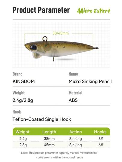 KINGDOM طعم سنارة صيد قلم رصاص غارق من نوع Micro Kingdom 2.4جرام/38ملم ، 2.8جرام/45ملم ، طعم صلب غارق مصنوع من مادة ABS ، لوازم صيد اصطناعية صلبة، طعم دوار ولوازم صيد