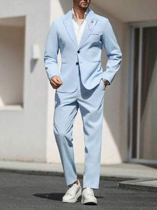 Manfinity Bizformal بدلة كاجوال رجالية بلون أزرق فاتح ذات طراز عتيق، بدلة أعمال رجالية ذات لون أحادي على طراز نابولي مناسبة للحضور والمناسبات الرسمية من قطع متناسقة ومناسبة للرجال، مناسبة للاستخدام اليومي للرجال