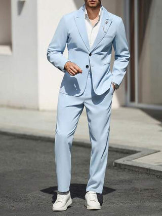 Manfinity Bizformal بدلة كاجوال رجالية بلون أزرق فاتح ذات طراز عتيق، بدلة أعمال رجالية ذات لون أحادي على طراز نابولي مناسبة للحضور والمناسبات الرسمية من قطع متناسقة ومناسبة للرجال، مناسبة للاستخدام اليومي للرجال