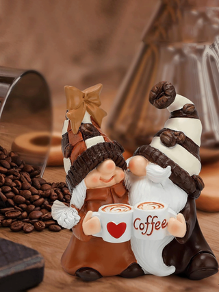 تمثال الجنوم للقهوة قطعتين، ديكورات وإكسسوارات لمكان القهوة، تمثال زوج الجنوم الساحرين وهما يشربان القهوة، ديكور خريفي للمنزل وطاولة الطعام والمكتب (كامل)