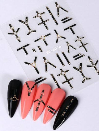 2 قطعة ملصق فني أظافر بأحزمة إثارة بنمط السيطرة الجوتي، ديكور أظافر باسلوب نحت 5D بأشرطة سوداء وحلقات ذهبية، تزيينات للعناية باليدين والأظافر كديكور هالوين، لتطبيقات DIY على الأظافر