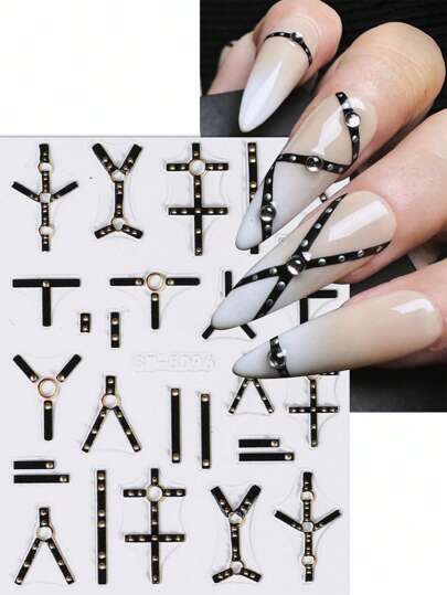2 قطعة ملصق فني أظافر بأحزمة إثارة بنمط السيطرة الجوتي، ديكور أظافر باسلوب نحت 5D بأشرطة سوداء وحلقات ذهبية، تزيينات للعناية باليدين والأظافر كديكور هالوين، لتطبيقات DIY على الأظافر