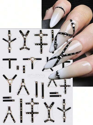 2 قطعة ملصق فني أظافر بأحزمة إثارة بنمط السيطرة الجوتي، ديكور أظافر باسلوب نحت 5D بأشرطة سوداء وحلقات ذهبية، تزيينات للعناية باليدين والأظافر كديكور هالوين، لتطبيقات DIY على الأظافر