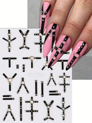 2 قطعة ملصق فني أظافر بأحزمة إثارة بنمط السيطرة الجوتي، ديكور أظافر باسلوب نحت 5D بأشرطة سوداء وحلقات ذهبية، تزيينات للعناية باليدين والأظافر كديكور هالوين، لتطبيقات DIY على الأظافر