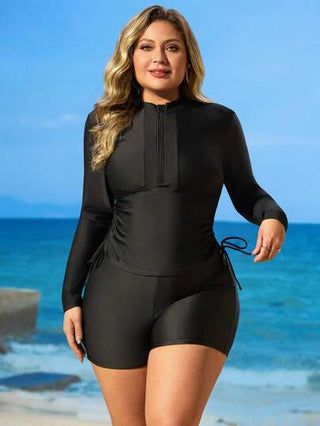 SHEIN Swim Curve مجموعة قياس كبير للمرأة من قطعتين: ملابس علوية قصيرة بأكمام طويلة مع ربطة جانبية وسحاب، وشورت قصير ، ملابس صيفية عطل شاطئية كاجوال رياضية