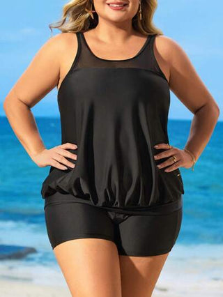 Swim Lushoire مجموعة بحجم كبير 2 قطعة للنساء من الفيست مع التصميم الشبكي والوصلات المزركشة والشورت، ملابس بيكيني كاجوال للشاطئ