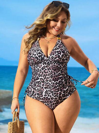 Swim Lushoire بكيني ذو رقبة حول العنق بطبعة نمر للمقاسات الكبيرة، أنيق للصيف