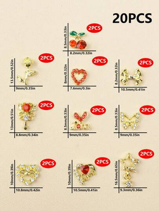 20 قطعة من اكسسوارات الأظافر الذهبية بتصميمات ورود صغيرة، وربطات فراشات، وسحر بتصميم قلب. مجموعة متنوعة بتصميم 3D للحب ل- DIY اكسسوارات الأظافر. مجموعة فاخرة لتزيين الأظافر