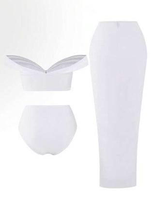 Swim Oasis مجموعة ملابس علوية كتف عاري أبيض وسراويل بكيني ذات خصر مرتفع بتصميم مفرغ وتنورة ماكسي بيضاء، مناسبة للمرأة ذات الحجم الكبير للاستخدام في الحفلات والشواطئ الصيفية