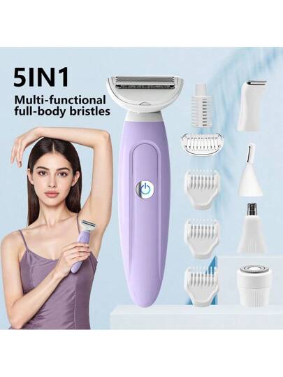 SEAGO حلاقة كهربائية متعددة الوظائف 5في1 للنساء، تشمل إزالة الشعر من المناطق الحساسة، ماكينة حلاقة كهربائية للنساء، شفرة لتشذيب البكيني، للوجه والأنف والحواجب والذراعين والإبط والساقين والمنطقة العانية، لاستخدام جاف ورطب، قابلة للغسل، هدية رائعة للنساء