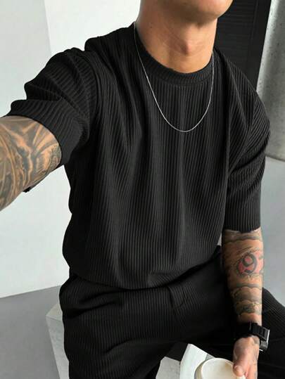 تيشيرت رجالي قصير الأكمام بياقة دائرية وون لون نسيج مضلل، صيفي