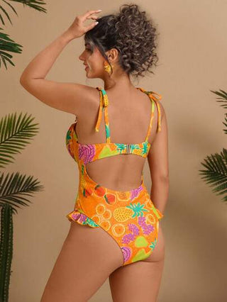 Travachic بدلة سباحة قطعة واحدة للمقاسات الكبيرة ذات طراز اميرة مع رباطات على الكتف وطبعات فاكهة استوائية ملونة وذيل منقوش، مبتكرة للتناسب والتنحيف