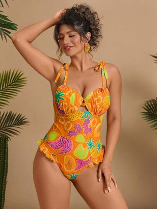 Travachic بدلة سباحة قطعة واحدة للمقاسات الكبيرة ذات طراز اميرة مع رباطات على الكتف وطبعات فاكهة استوائية ملونة وذيل منقوش، مبتكرة للتناسب والتنحيف