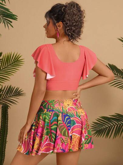 Travachic مجموعة بيكيني عطلة نسائي كبير الحجم بطبعة زهرية منفوشة، قطعتين ، مثير وعصري، صيفي، للشاطئ