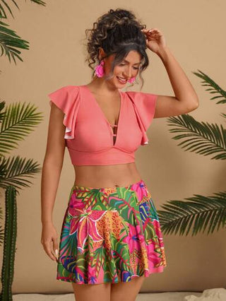 Travachic مجموعة بيكيني عطلة نسائي كبير الحجم بطبعة زهرية منفوشة، قطعتين ، مثير وعصري، صيفي، للشاطئ