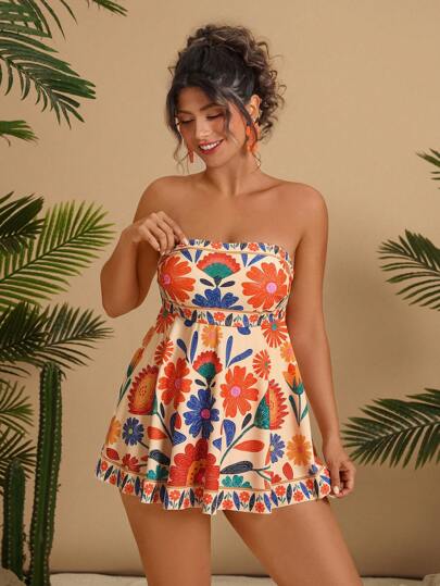 Travachic مجموعة بيكيني بحزام رفيع بطبعات زهور استوائية للنساء كبيرات الحجم، بدلة سباحة قابلة للتحويل، ملابس شاطئ عصرية