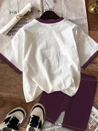 girls-sets مجموعة قميص أكمام قصيرة وشورت كاجوال أساسية مناسبة للفتيات المراهقات 2 قطعة/طقم، مناسبة للصيف