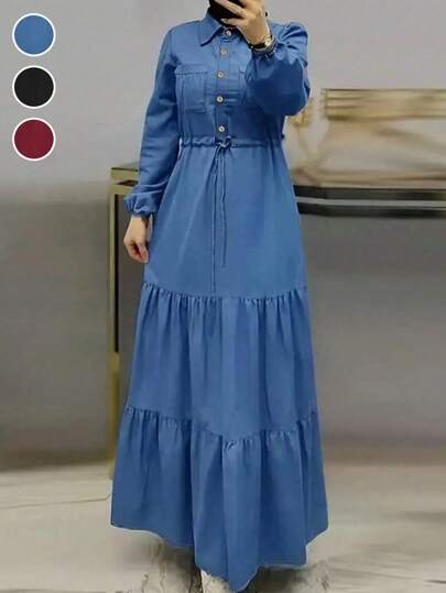 فستان قطعة واحدة بأزرار أمامية وخصر مشدود