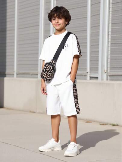 3 قطعة / مجموعة، ملابس داخلية رياضية كاجوال للفتيان المراهقين تتكون من ملابس علوية بطقم كنزة وشورت مريح بطباعة حرفية، مناسبة للارتداء في الربيع والصيف للاستخدام داخلي وخارجي