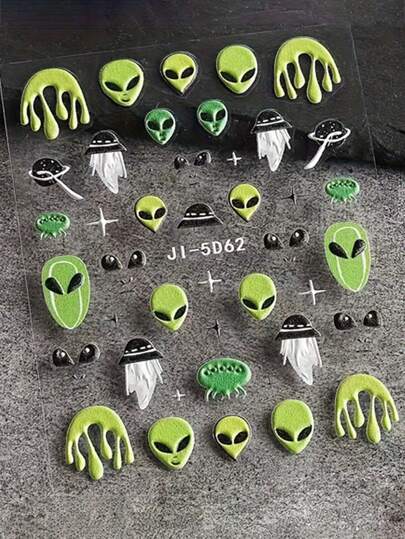 2 قطعة من ملصقات الأظافر بالأبعاد الخمسية (5D) المنقوشة بغرز بارزة على شكل كائن فضائي ، ملصقات أظافر فضائية ثلاثية الأبعاد لاصقة ذاتياً بتصميم نمط أطباق طائرة واشكال فضائية،باللونين الأخضر والأسود بطابع كرتوني خيالي ، تزيين أظافر نسائي