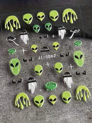 2 قطعة من ملصقات الأظافر بالأبعاد الخمسية (5D) المنقوشة بغرز بارزة على شكل كائن فضائي ، ملصقات أظافر فضائية ثلاثية الأبعاد لاصقة ذاتياً بتصميم نمط أطباق طائرة واشكال فضائية،باللونين الأخضر والأسود بطابع كرتوني خيالي ، تزيين أظافر نسائي