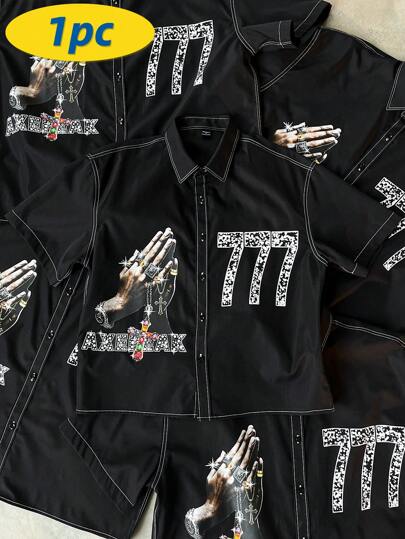 Manfinity Streetrush قميص أسود بطراز الشارع العفوي روك بنك هيب هوب للرجال