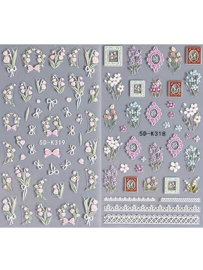 قطعتان ملصقات أظافر مطرزة بالخرز الملون بتقنية 5D بزهور ربيعية - ملصقات أظافر واقعية ثلاثية الأبعاد ذاتية اللصق بورود الزنبق ، أزهار الكرز ، بوكيه وتصاميم إطارات وموضوع نباتي ، مناسبة للنساء والفتيات بأعمال الديكور اليدوية