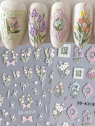 قطعتان ملصقات أظافر مطرزة بالخرز الملون بتقنية 5D بزهور ربيعية - ملصقات أظافر واقعية ثلاثية الأبعاد ذاتية اللصق بورود الزنبق ، أزهار الكرز ، بوكيه وتصاميم إطارات وموضوع نباتي ، مناسبة للنساء والفتيات بأعمال الديكور اليدوية