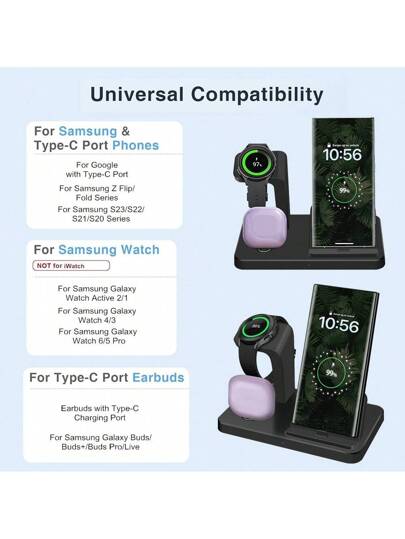 محطة شحن متوافقة مع أجهزة سامسونج المتعددة ، حامل شحن USB C ب- 3 في 1 لهواتف Galaxy S25/S24/S24 Ultra/S24+/S23 Ultra/S22/S21/Note20/10/Z Flip 6/5/4 Z Fold 6/5/4 والسماعات اللاسلكية Galaxy Buds وساعات Galaxy Watch Ultra/7/6/5/5 Pro/4/3/Active 2/1 وهواتف آي