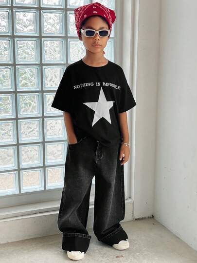 DAZY قميص T بأكمام قصيرة بطبعة حرفية كاجوال لأسلوب الشارع مقاس كبير للأولاد