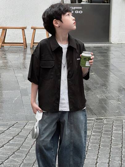 DAZY قميص بأكمام قصيرة مطرز بالحروف للأولاد من الحجم الكبير، كاجوال للصيف