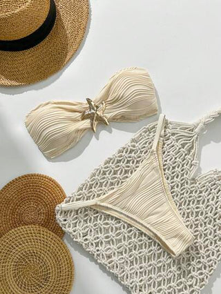 طقم تانكيني حريمي Swim مجموعة بكيني ملابس السباحة المكونة من 2 قطعة، توب بدون حمالات وسراويل جاكار موحد اللون مزينة بزخرفة معدنية للنساء في الصيف، للشاطئ والعطلات