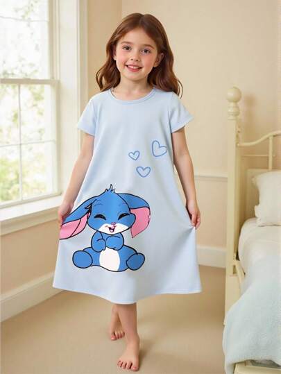 بيجاما ثوب نوم طويل للفتيات الصغيرات مطبوع بطباعة الأرنب، بقصة بسيطة أنيقة ذات أكمام قصيرة وياقة دائرية، قطن مريح للاستخدام الصيفي