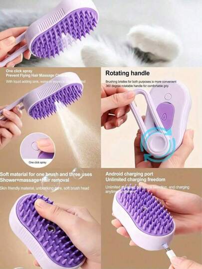 قطعة واحدة من فرشاة كلب البخار الجديدة باللون الأرجواني، فرشاة شعر القطط الرذاذ الكهربائية 3 في 1 لتدليك الحيوانات الأليفة وتنظيف الشعر المتشابك خلال فصل الخريف والشتاء بدون الحاجة للغسيل