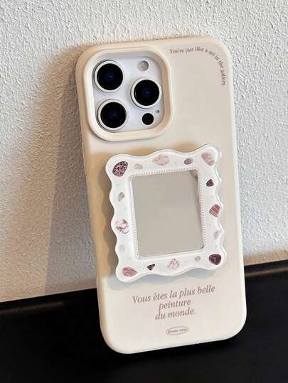 قطعة واحدة حامل هاتف بإطار مرآة عتيقة بألوان الأبيض والبني المربع بطراز إنجليزي فرنسي عصري، مناسب لهواتف أبل 16 برو / 15 برو ماكس / 14 / 13