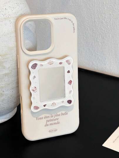 قطعة واحدة حامل هاتف بإطار مرآة عتيقة بألوان الأبيض والبني المربع بطراز إنجليزي فرنسي عصري، مناسب لهواتف أبل 16 برو / 15 برو ماكس / 14 / 13