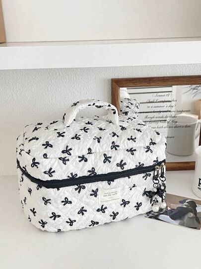 1 حقيبة مكياج صغيرة للنساء ذات فيونكة جميلة، حافظة مستحضرات تجميل للسفر، حقيبة أدوات الزينة المحمولة، محفظة حمل فرش المكياج