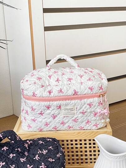 1 حقيبة مكياج صغيرة للنساء ذات فيونكة جميلة، حافظة مستحضرات تجميل للسفر، حقيبة أدوات الزينة المحمولة، محفظة حمل فرش المكياج