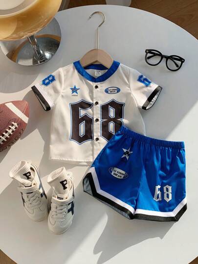 زوج من قميص صغير أكمام قصيرة طباعة حرفية تنظيم اللون وشورت ، ملابس رياضية غير رسمية ، ناعمة ومريحة للأنشطة والرياضة الخارجية