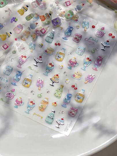 1 قطعة من شرائك أظافر الليف الثلاثي الأبعاد مزخرفة بتصميم الصيف والمشروبات الغازية، ملصقات أظافر لطيفة بتصميم الفاكهة مثل البطيخ والكرز والتفاح، ملصقات أظافر ذاتية اللصق لتزيين الأظافر بطريقة DIY