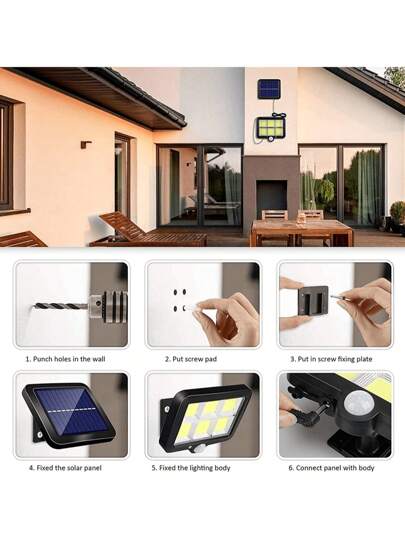 120 مصباح COB متحسس للحركة بطاقة شمسية، مصباح شمسي للباحة والخارج، جدار باحة إضاءة بألواح شمسية قابلة للتعديل، وضعيات إضاءة 3، أمنية بطاقة شمسية، أضواء فيضان للحديقة والسور والبلكونة والمدخل والمرآب، أضواء خارجية شمسية