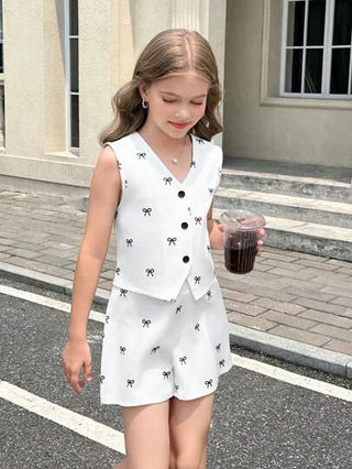 girls-sets مجموعة صيفية مكونة من ملابس علوية أكمام بلا وشورت مطبوع بشريطة مينى من القطن المنسوج، مناسبة للبنات في مرحلة المراهقة، بنطلون وسترة مناسبة لعودة المدرسة، ملابس متطابقة للأم وطفلتها