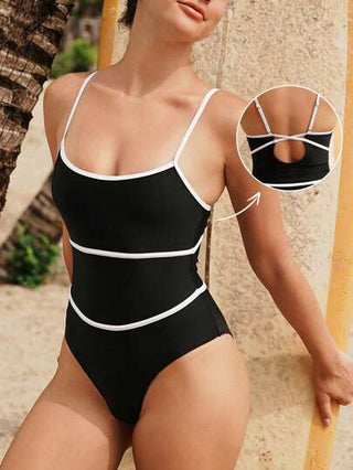مايوه حريمي قطعة واحدة Swim SPRTY بدلة سباحة نسائية قطعة واحدة، بتفاصيل ذات ظهر مضلع أسود وأبيض، أسلوب رياضي وكاجوال، مناسبة للربيع/الصيف، حفلة شاطئ، عطلة
