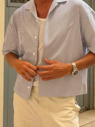 Manfinity Dauomo قميص كاجوال مخطط بأكمام قصيرة للرجال للصيف