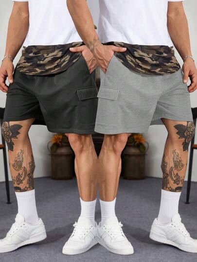 Manfinity Homme وشخمة ٢ قطعة مجموعة رجالية، شورت بجيب في الجانب وخصر قابل للشد