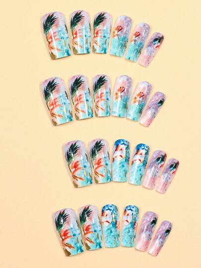 24 قطعة إمدادات أظافر صيف شاطئ العطلة، بتصميم صدف الرياح، و شريط ملف أظافر واحد + شريط لاصق ثنائي الجانب واحد